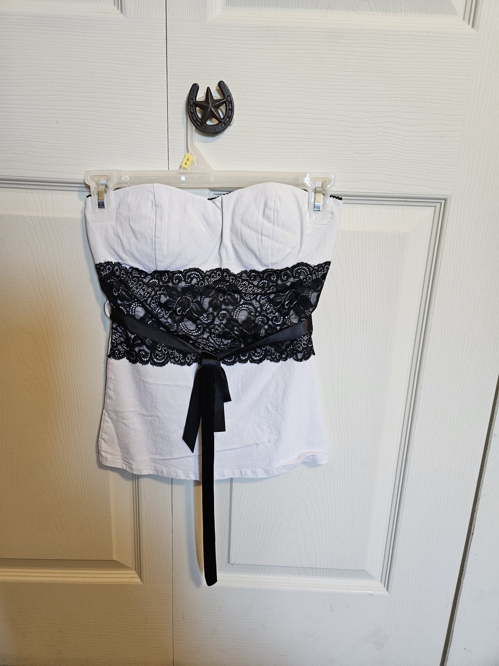 Strapless White Lace-Trim Bustier Top with Black Ribbon